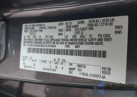 2013 Ford Escape Se z USA, uszkodzony, nr VIN 1FMCU0GX5DUC91691